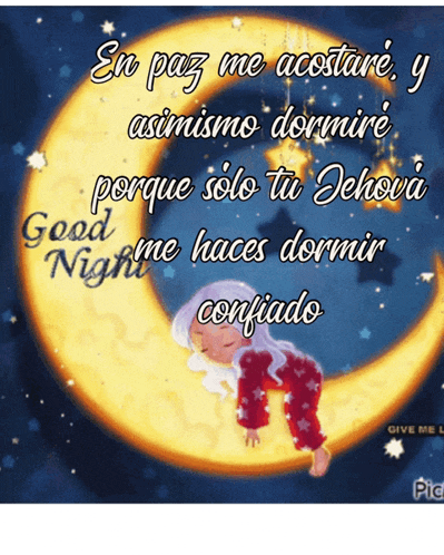 a picture of a girl sleeping on a crescent moon with a good night message in spanish