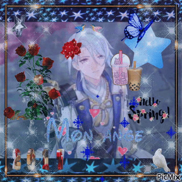 a picture of a man surrounded by flowers and the words hello spring