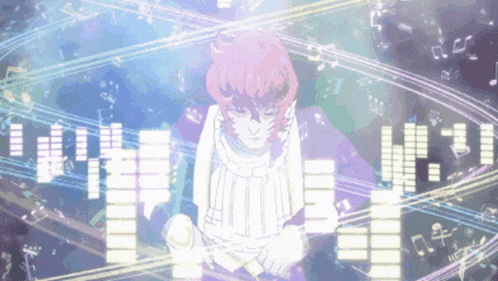 a person with pink hair is playing a musical instrument in front of a screen that says ' why ' on it