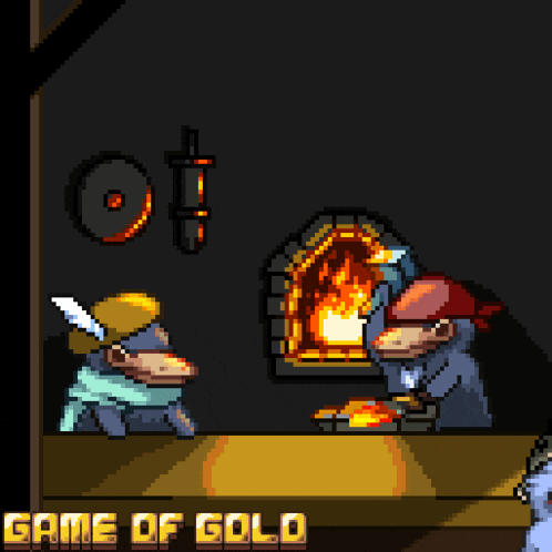 a pixel art of a game of gold with a fireplace in the background