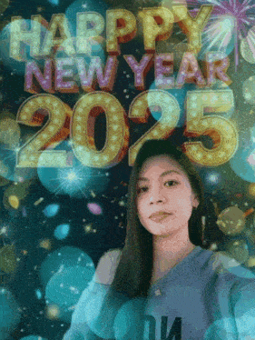 a woman is taking a selfie in front of a happy new year 2025 sign