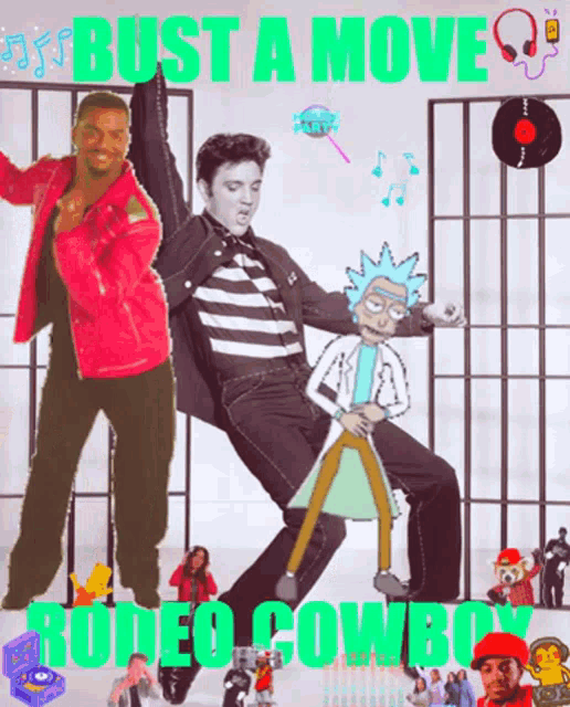 elvis presley and rick and morty are on the cover of a rodeo cowboy album