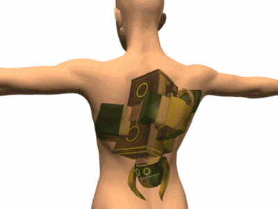 a 3d rendering of a man 's back with a cube on it