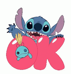 a cartoon of stitch holding a stuffed animal in front of a red ok sign