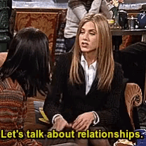 a woman is sitting on a couch talking to another woman and the words let 's talk about relationships are above her