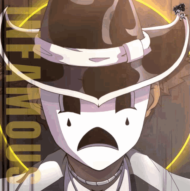 a cartoon of a man wearing a white mask and a cowboy hat with the word demons on the bottom