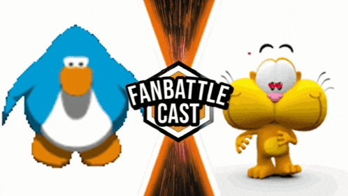 a blue penguin and a yellow cat are standing next to each other in front of a fan battle cast logo