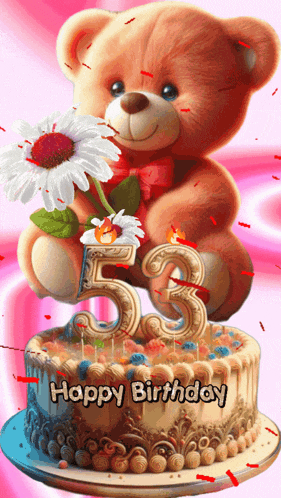 a teddy bear is holding a flower in front of a birthday cake that says happy birthday