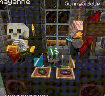 a group of minecraft characters are standing around a table with records on it .