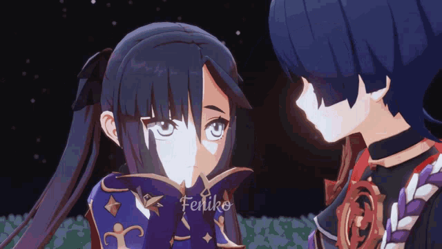 a couple of anime characters are looking at each other and the name feniko is on the bottom right