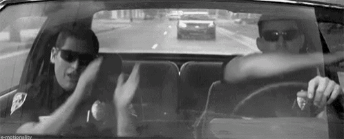 two police officers are driving a car on a highway .