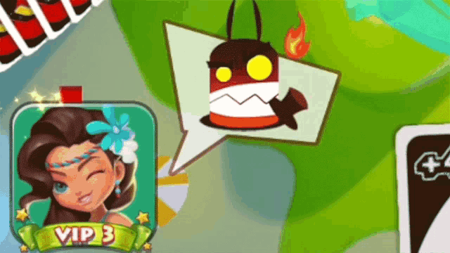 a cartoon girl with a flower in her hair and a speech bubble that says vip 3