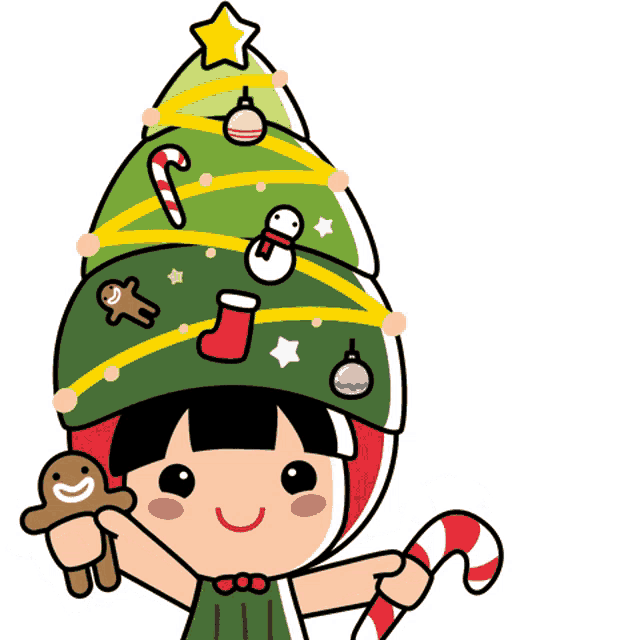 a cartoon girl with a christmas tree on her head holding a candy cane and a gingerbread man