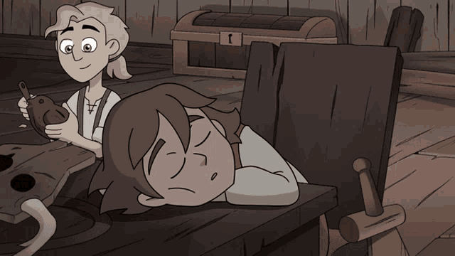 a cartoon drawing of a boy sleeping in a chair next to a boy holding a pitcher