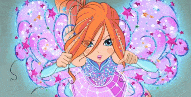 a cartoon girl with long hair and wings is holding a pink object .