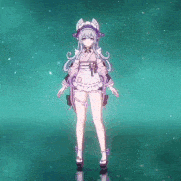 a girl in a maid costume is standing in front of a green background in a video game .