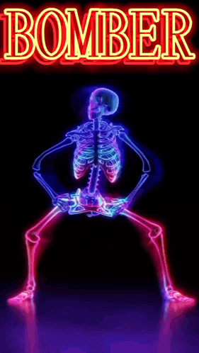 a neon sign with a skeleton and the word bomber on it