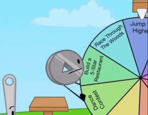 a cartoon character is standing in front of a spinning wheel that says blinking contest on it