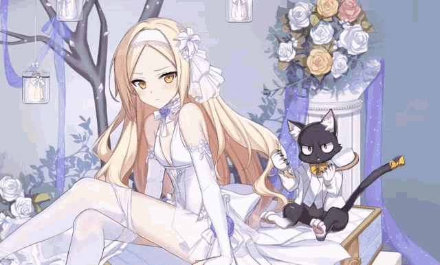 a girl in a wedding dress sits next to a cat