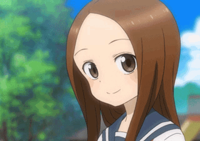a cartoon girl with long brown hair is smiling