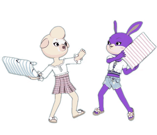 a purple bunny is holding a pillow next to a white bunny
