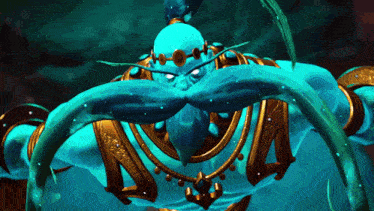 a blue and gold animated character with a beard and a crown on his head