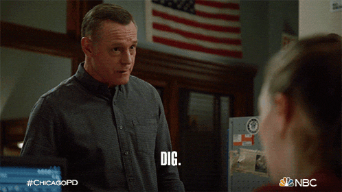 a man in a gray shirt is talking to a woman in front of an american flag and the word dig is on the screen