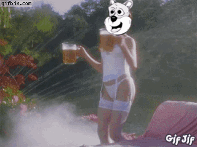 a gif of a woman holding a beer with a cartoon bear on her face