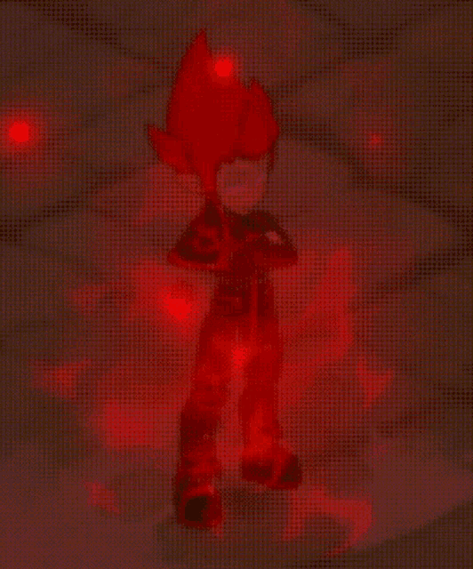 a cartoon character is surrounded by red glowing lights .