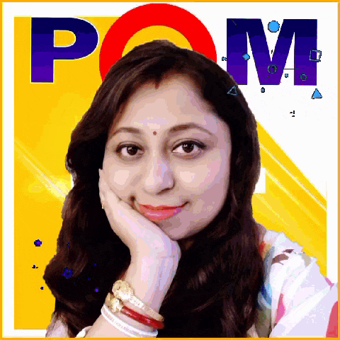 a woman with her hand on her face in front of pom