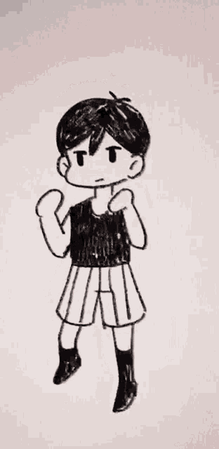 a black and white drawing of a person wearing a skirt and a tank top .