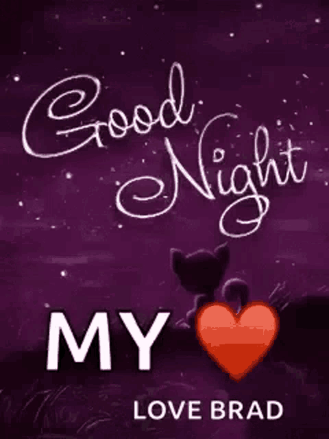 a purple background with the words `` good night my love brad '' and a cat and a heart .