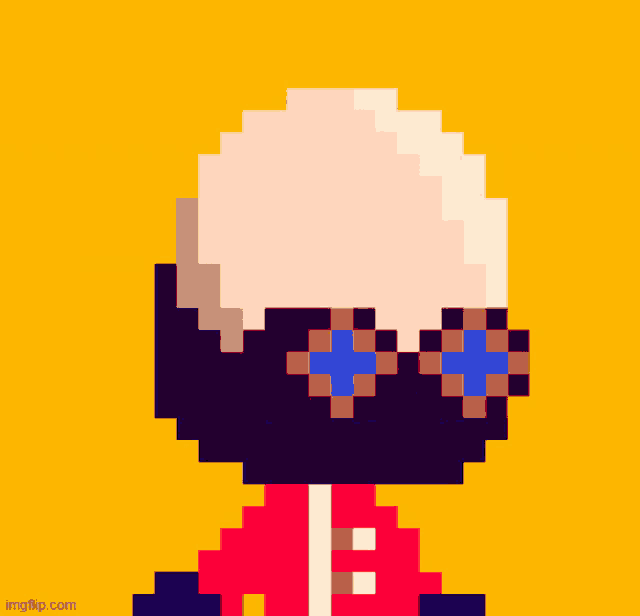 a pixel art drawing of a bald man wearing sunglasses and a red jacket with the letter b on it