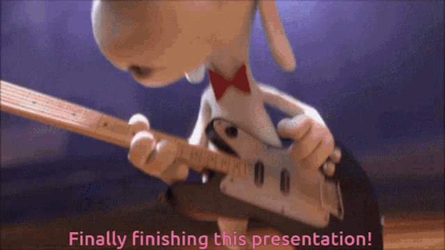 a cartoon dog is playing a guitar with the words finally finishing this presentation below it
