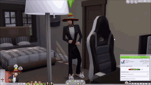 a man in a tuxedo and sombrero stands in front of a chair