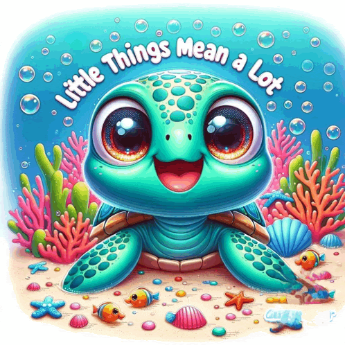 an illustration of a turtle with the words little things mean a lot