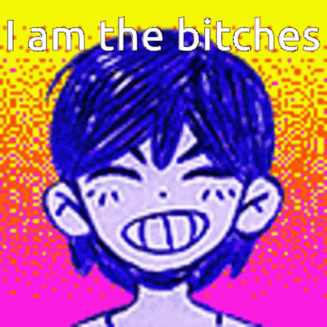 a pixel art of a boy with blue hair and the words `` i am the bitches '' written above him .