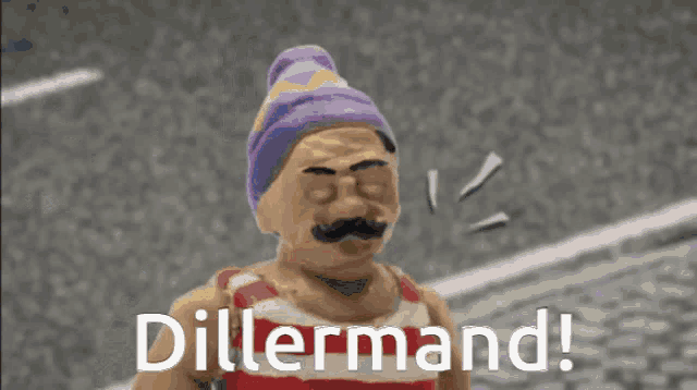 a blue truck is driving down a street with dillermand written on the bottom