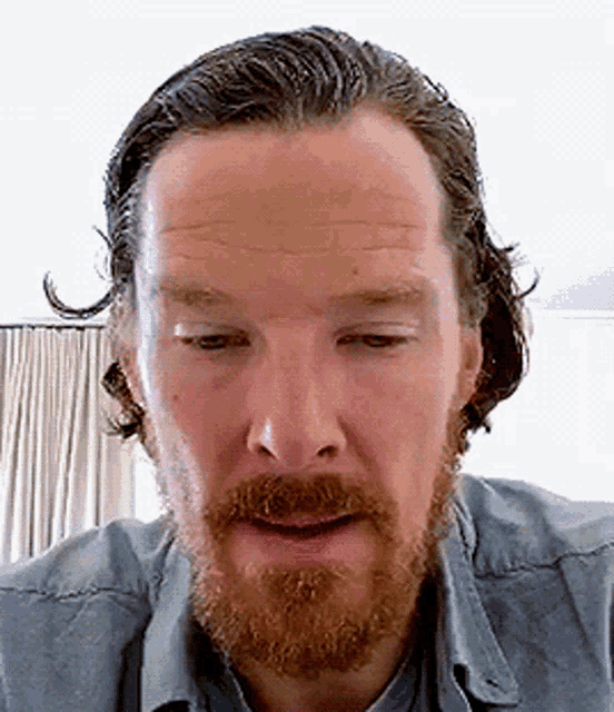 a man with a beard and long hair is wearing a blue shirt and looking at the camera .