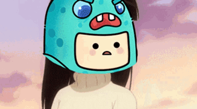 a cartoon girl wearing a blue helmet with a face on it