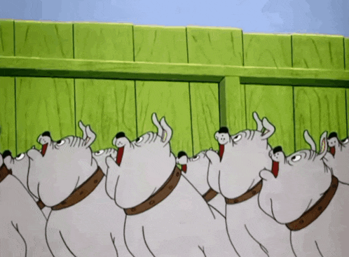 a bunch of cartoon dogs are standing next to each other