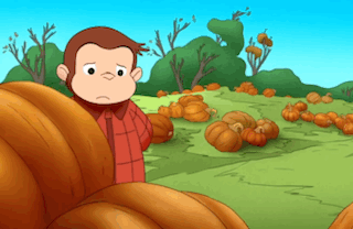 a cartoon monkey stands in a field of pumpkins