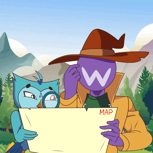two cartoon characters are looking at a map and one has the letter w on his hat