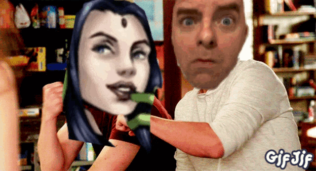 a gif of a man holding a woman 's head with the word gif on the bottom right