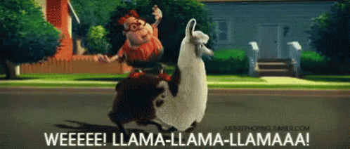 a cartoon character is riding a llama down the street