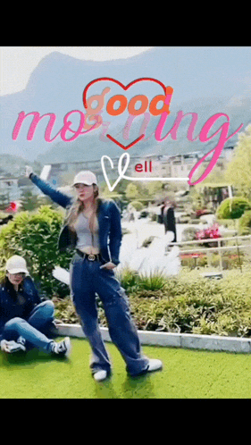 a woman stands in front of a good morning sign