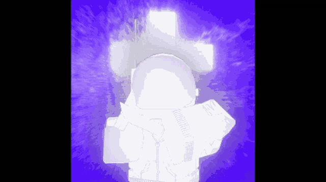 a white robot is standing in front of a glowing cross