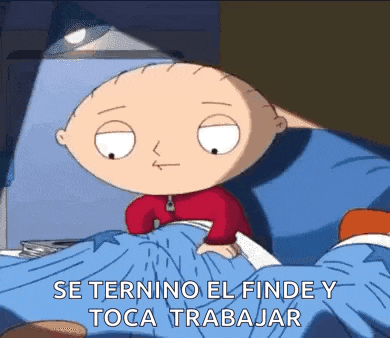 a cartoon character is laying in bed with the words `` se ternino el finde y toca trabajar ''