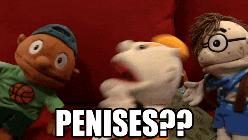 a group of puppets are sitting on a red couch with the word penises written in white letters