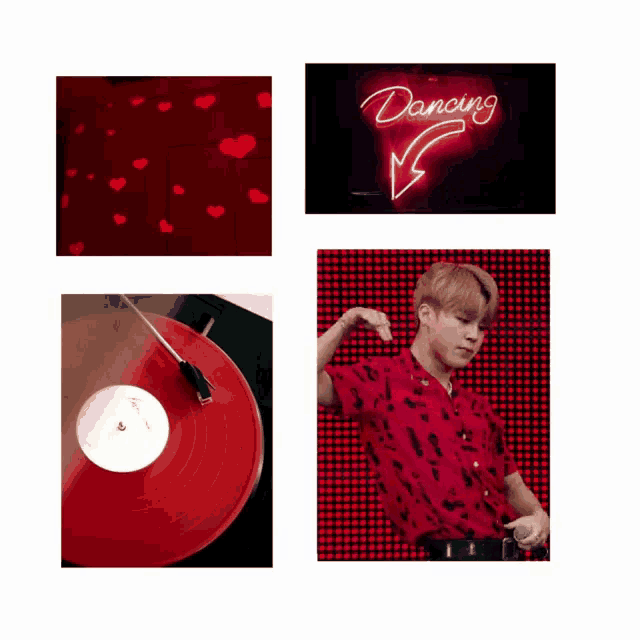 a man in a red shirt is dancing on a record player .